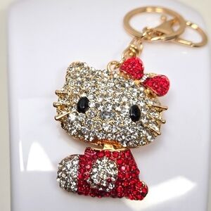 Hello Kitty Rhinestone Keychain Red and Gold Tone